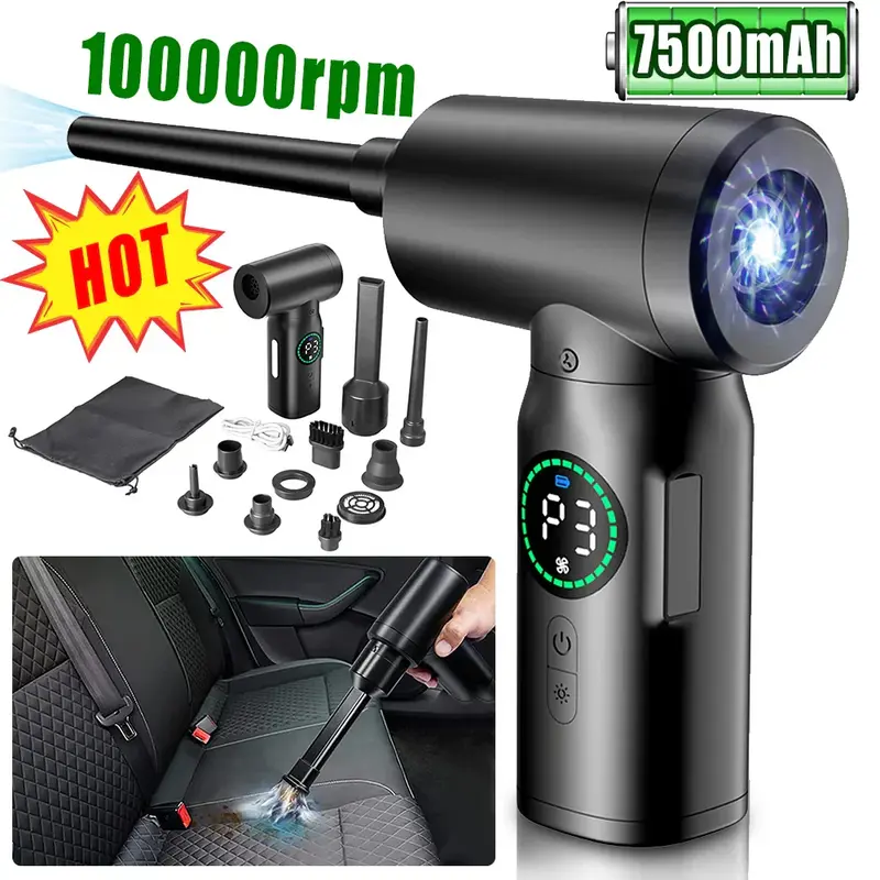 2-in-1 Draagbare Luchtblazer & Handstofzuiger met LED – 7500mAh Oplaadbare Accu