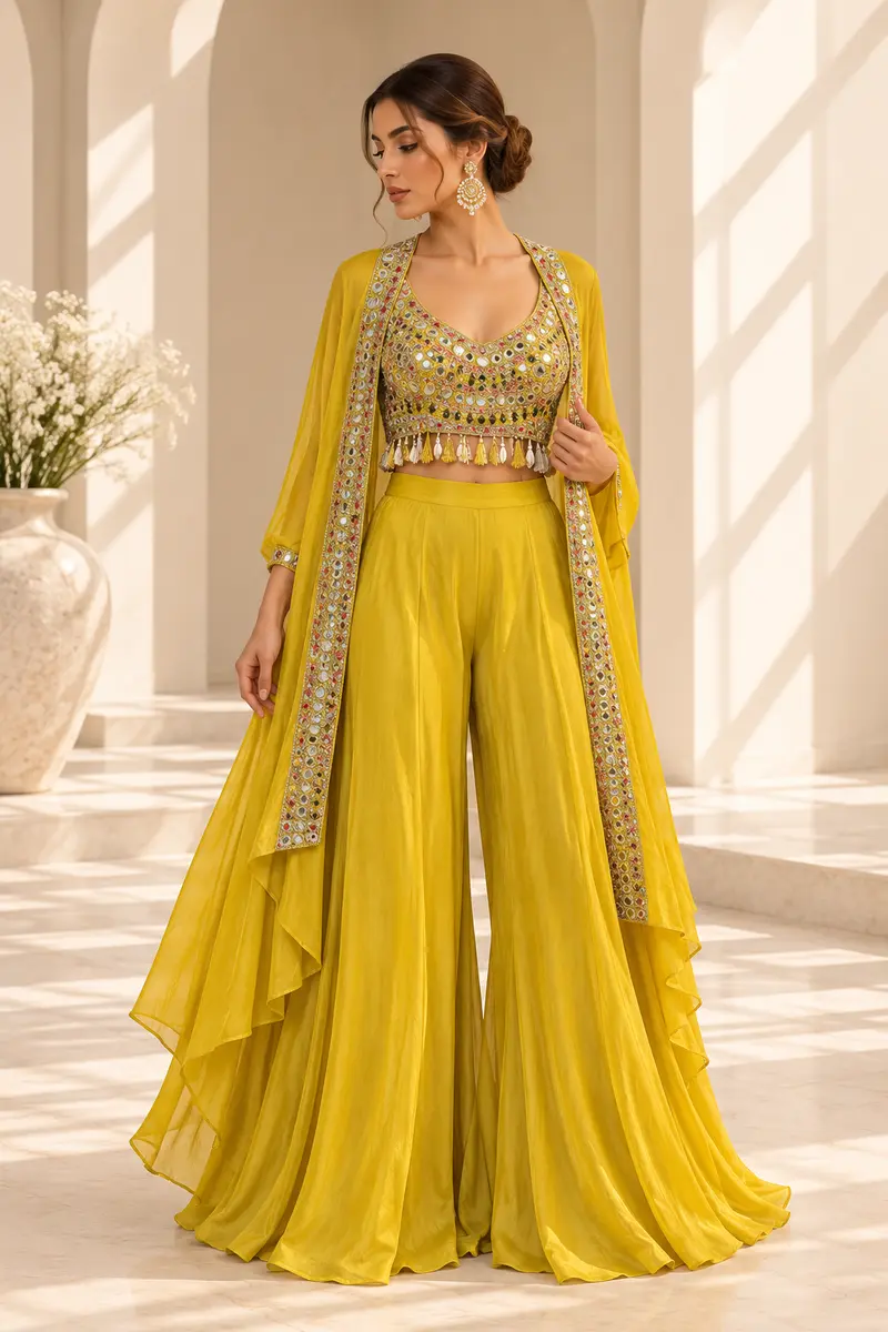 Aanya Mustard Palazzo Set met Mirror Work Top & Cape
