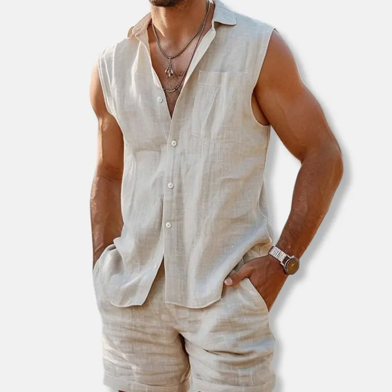 Andreas | Herren Ärmelloses Leinen-Look Hemd-Shorts-Set Regular Fit