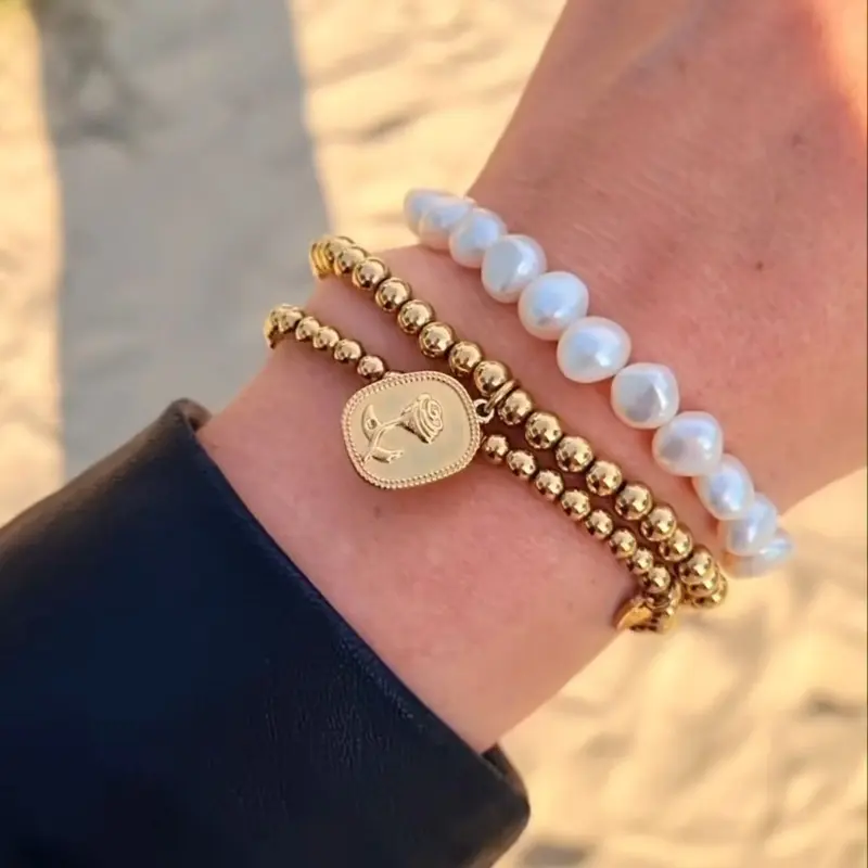 Armbanden Set Dames - Goudkleurige Bolletjes Armbandjes En Parelarmband