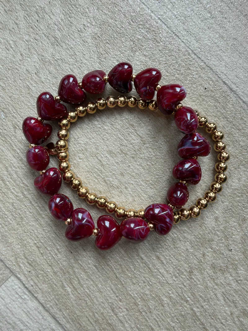 Armbanden Set Hartjes Burgundy Goud