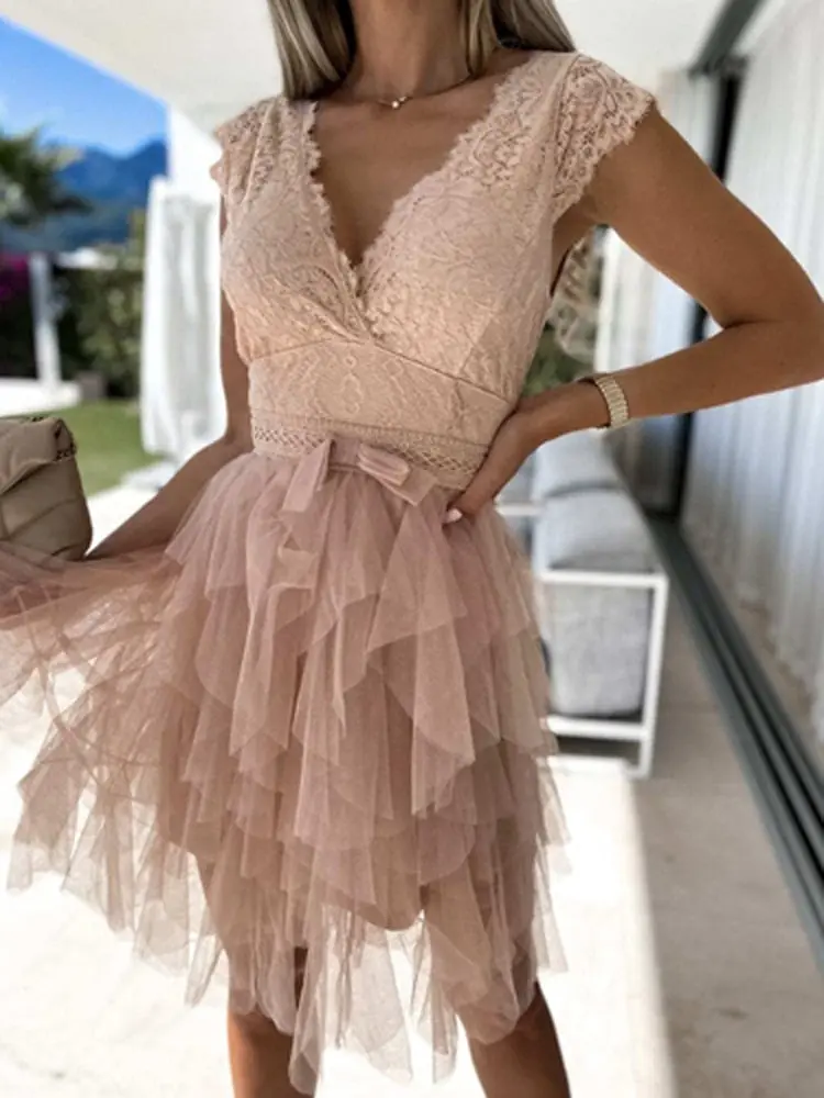 Ärmelloses Midikleid aus Spitze mit V-Ausschnitt für Damen – Brautgastkleid