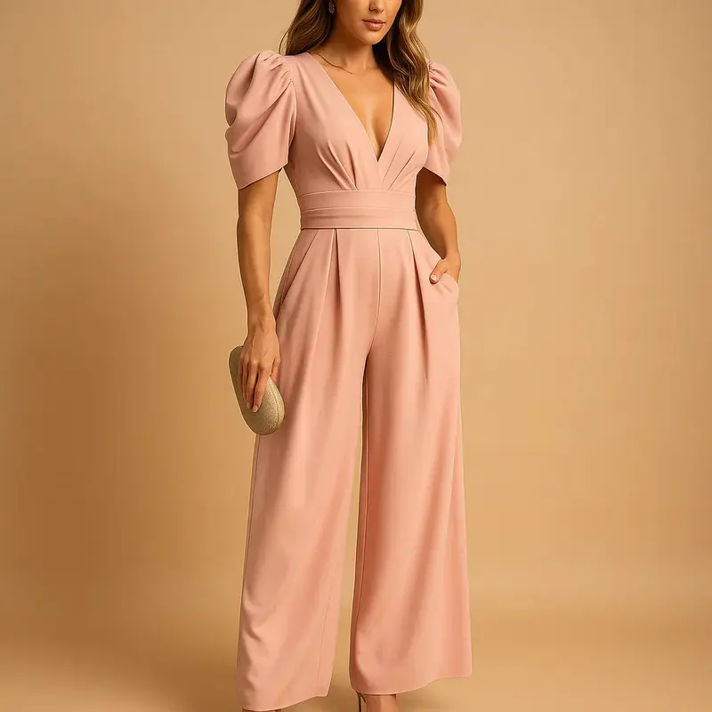 Avondjumpsuit – ballonmouwen, aangezette taille en wijde pijp