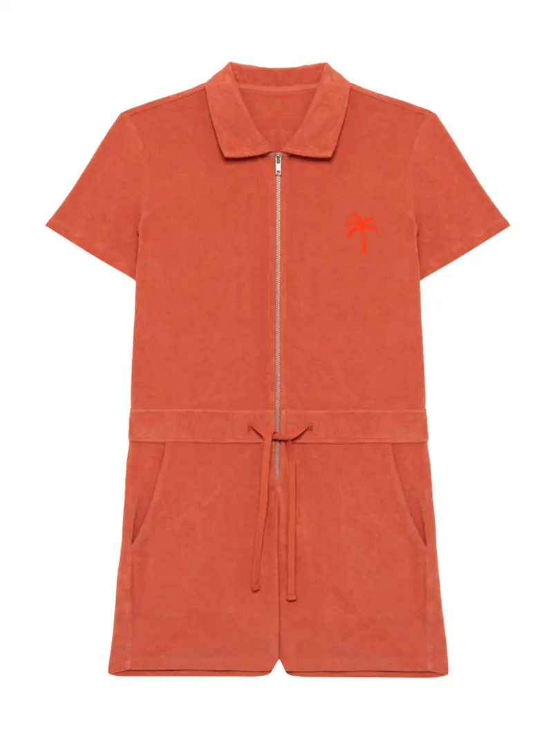Badstof Jumpsuit Palm Tree Mini Chest Neon Orange Velvet | NOTE
