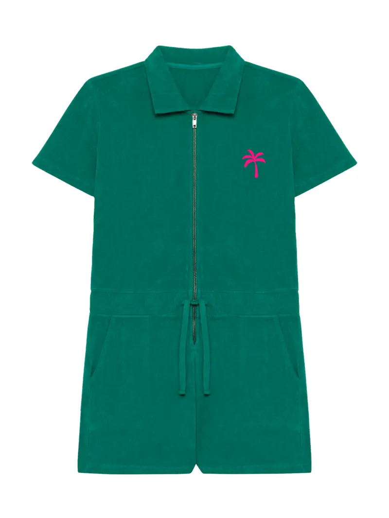 Badstof Jumpsuit Palm Tree Mini Chest Neon Pink Velvet | NOTE