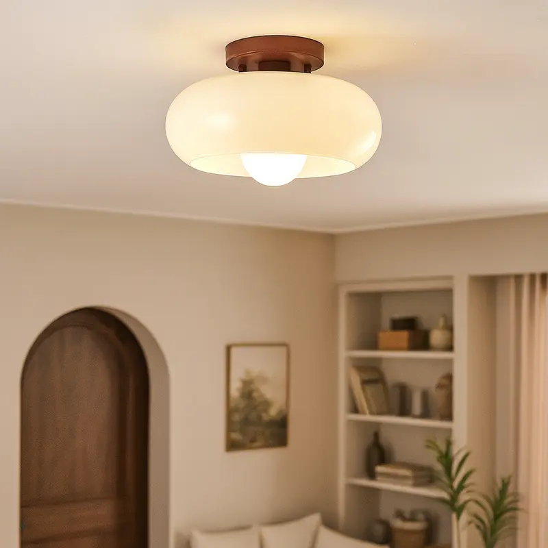 Bauhaus Ceiling Light in Cream Glass and Metal - Minimalist Design