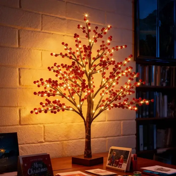 Bessenboom tafellamp – lichtgevend boompje met rode besjes voor schouw of hal