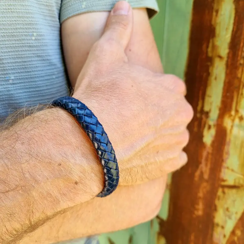 Blauwe Leren Armband Heren Oxford Blue - Gevlochten Leer - Staal