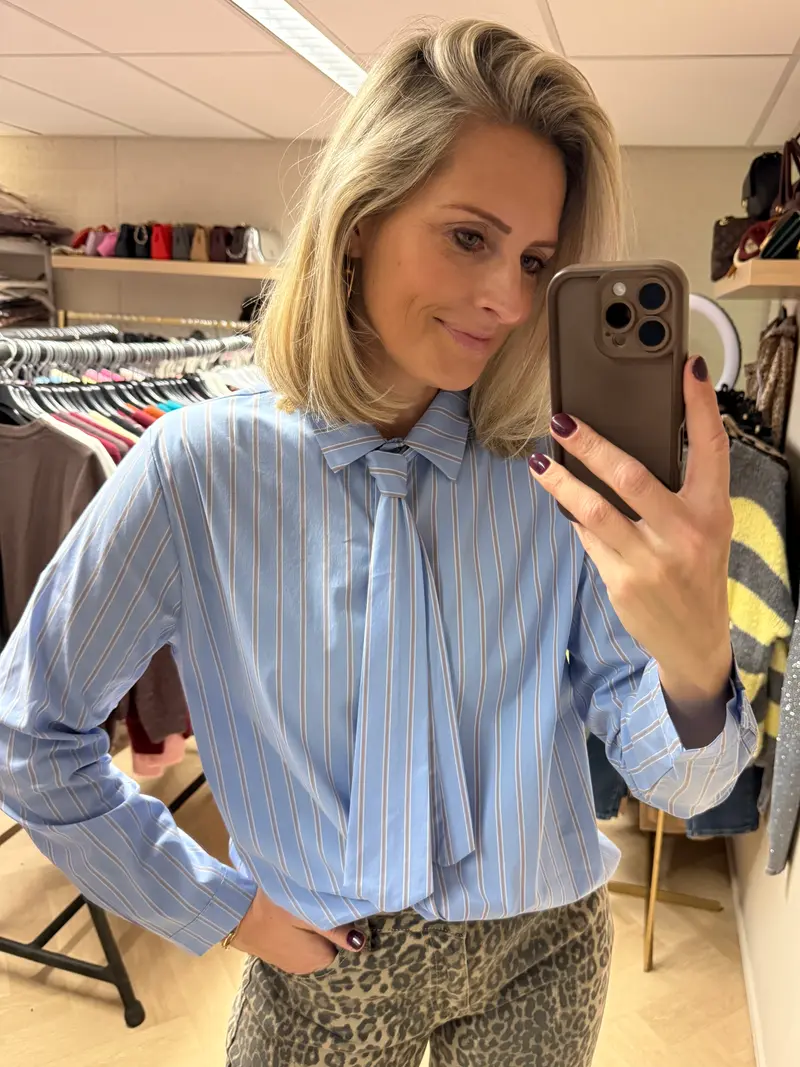 Blouse Stropdas Streep Lichtblauw Beige