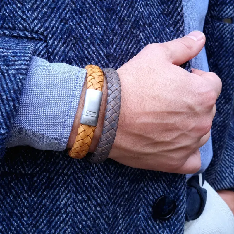 Blue Lizard Blauwe Leren Herenarmband - Gevlochten - RVS Sluiting
