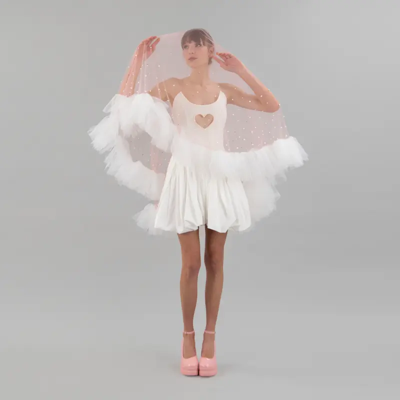 Blush Pink Ruffle Pearl and Rhinestone Veil