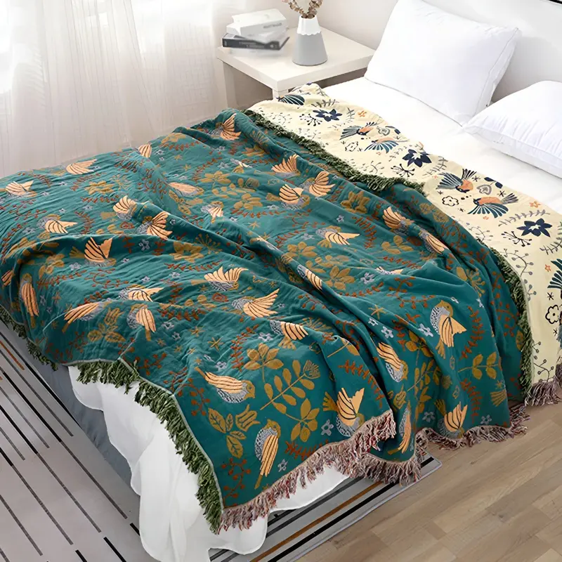 Boho - Decke - Wendbare bestickte Baumwolldecke mit Vögeln &