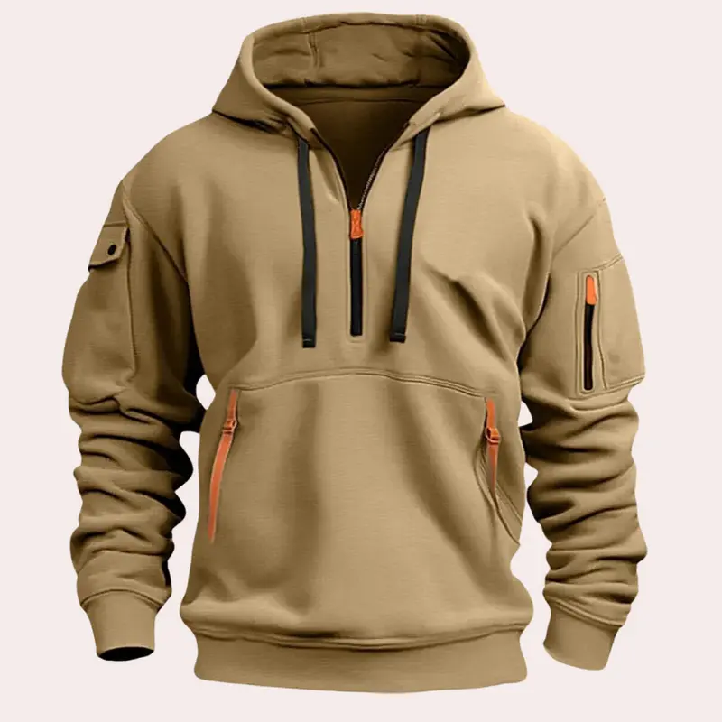 Capuchonsweater heren – korte rits en geribde mouw- en zoomboord