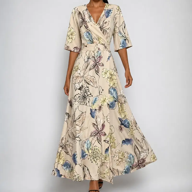 Charlotte | Damen Satin Blumen Wickel V-Ausschnitt Gürtel Maxi Kleid