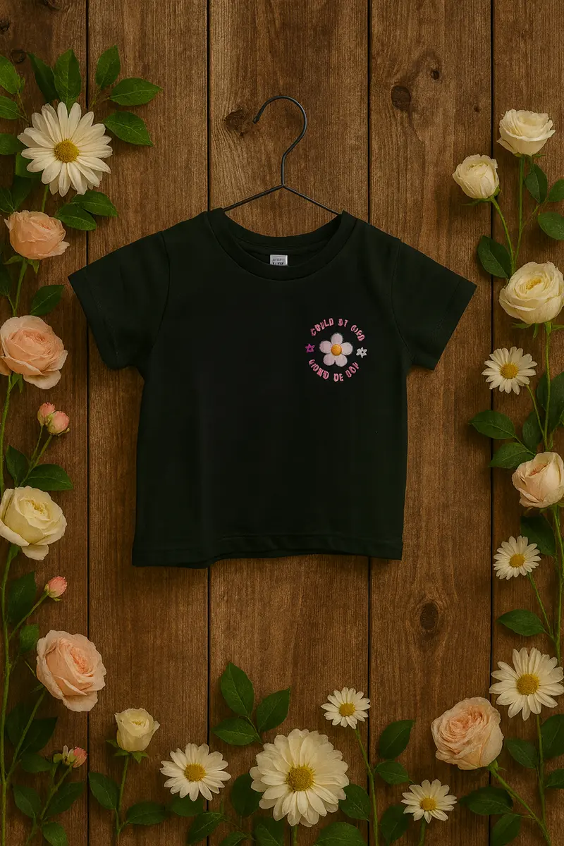 “Child of God” Kinder T-shirt – Zwart met Kleurrijke Smileys & Bloemenprint