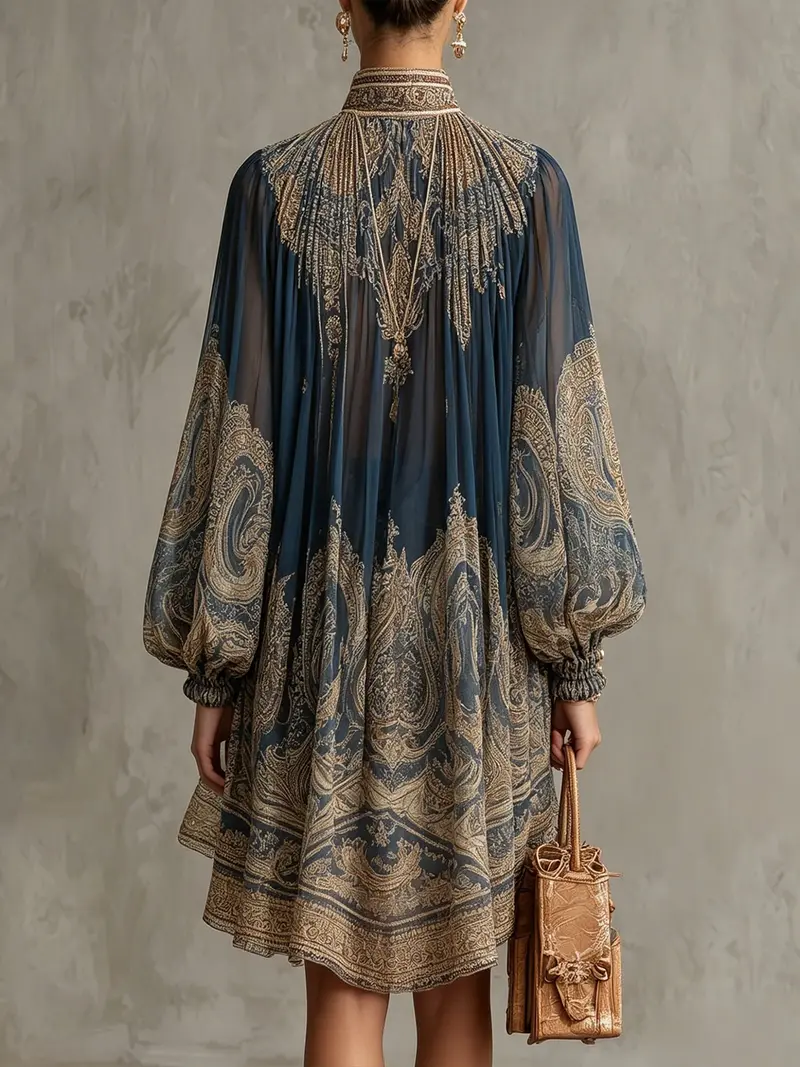 Clara | Damen Barock Chiffon Hochkragen Minikleid mit weiten Ärmeln