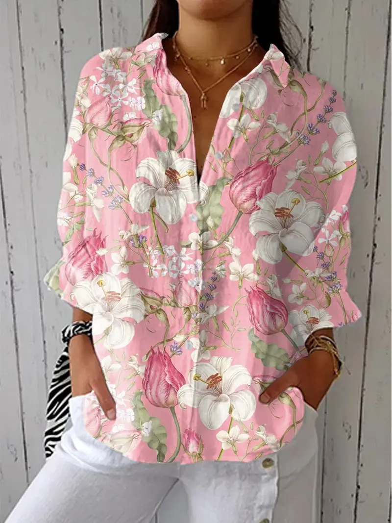 Clara | Damen Blumen Bluse Langarm V-Ausschnitt Rosa Entspannte Passform