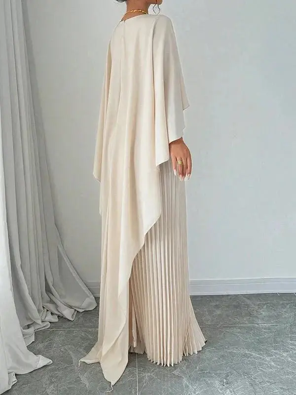Clara | Damen Elegantes Satin-Cape Plissee Maxikleid
