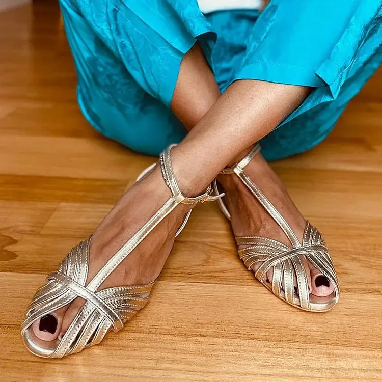 Clara | T-Spangen Sandalen Metallic Damen Riemchen Sommer