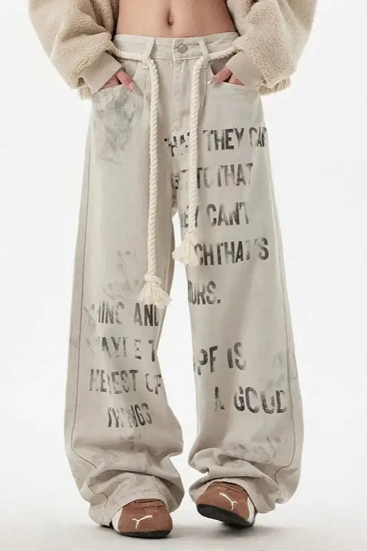 Damen Apricot Graffiti Gerade Jeans – Streetwear Hose