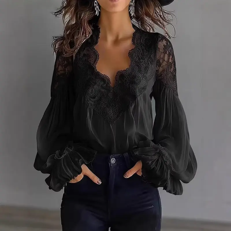 Damen Bluse Mit Langen Puffärmeln Und Spitze – Elegantes Vintage Oberteil