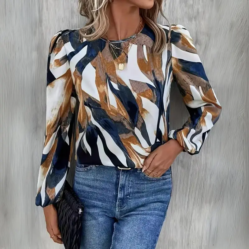 Damen Bunte Chiffonbluse – Langarm Laternenärmel Lässiges Top