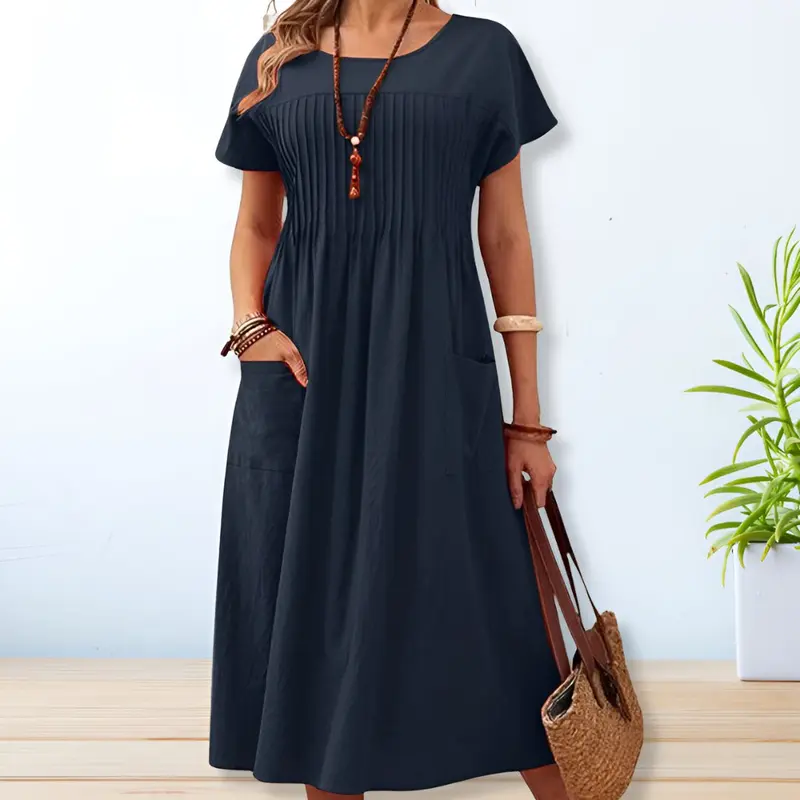 Damen Casual Relaxed Fit Kurzarm Midikleid