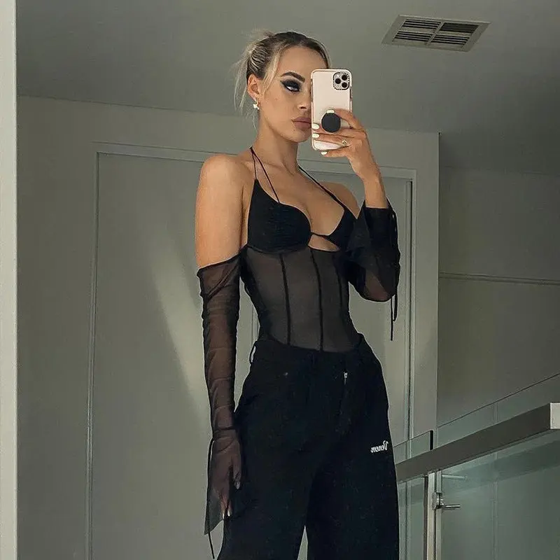 Damen Crop-Top mit transparentem Design und raffinierten Rüschenärmeln Drune