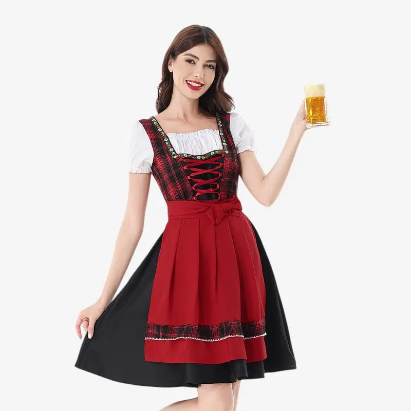 Damen Dirndlkleid mit kariertem Mieder und Puffärmeln