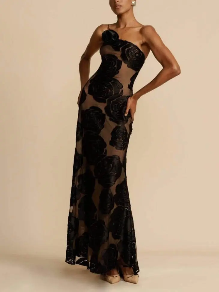 Damen Geblümtes One-Shoulder Festliches Maxi Abendkleid
