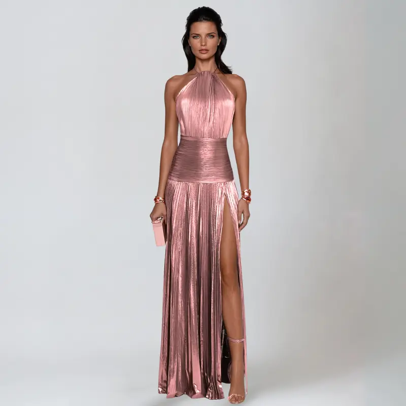 Damen Halterneck Metallic Maxikleid - Frontschlitz Abendglamour
