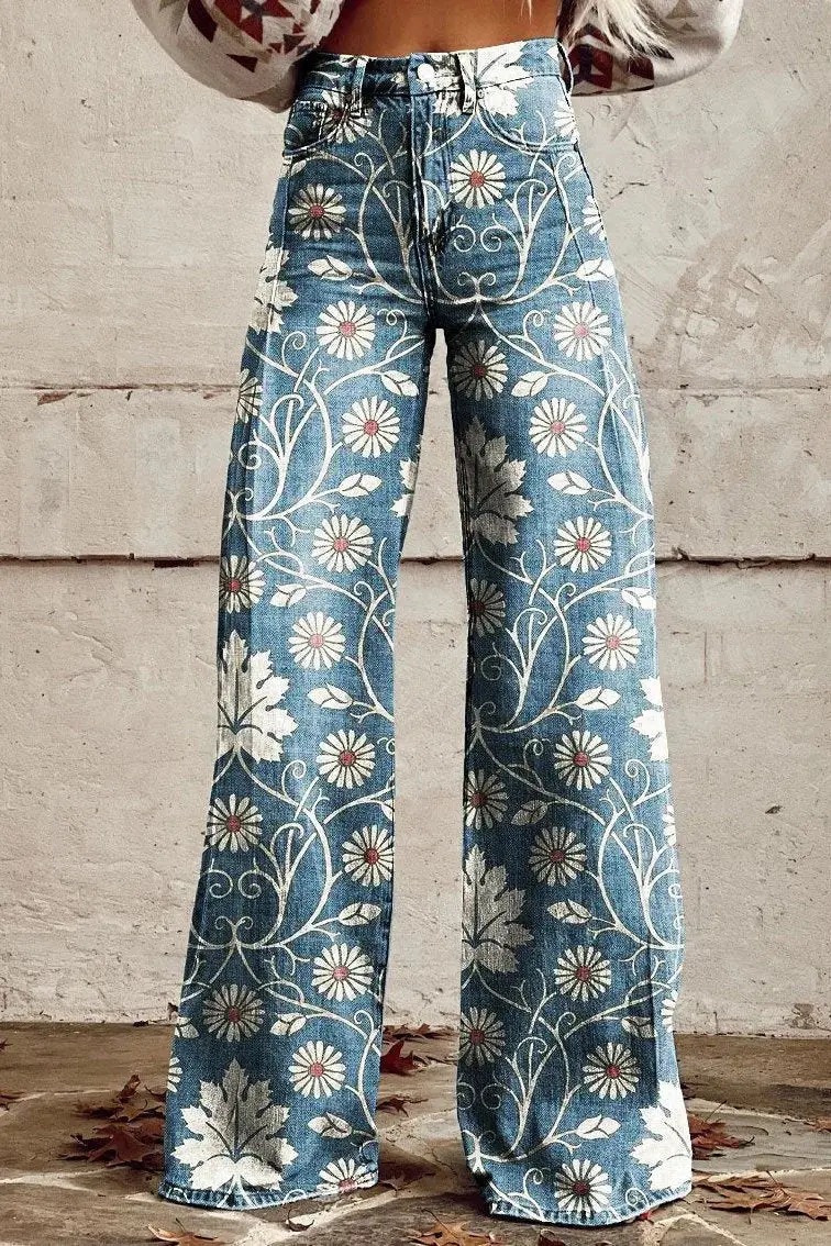 Damen-Jeans mit weitem Bein und Print – Schlaghose aus Denim mit Statement-Charakter.