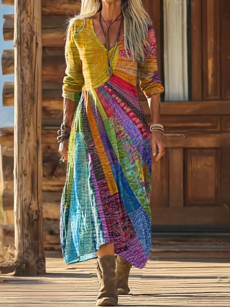 Damen Langarm V-Ausschnitt Boho Kleid – Bunt Lockeres Sommerkleid