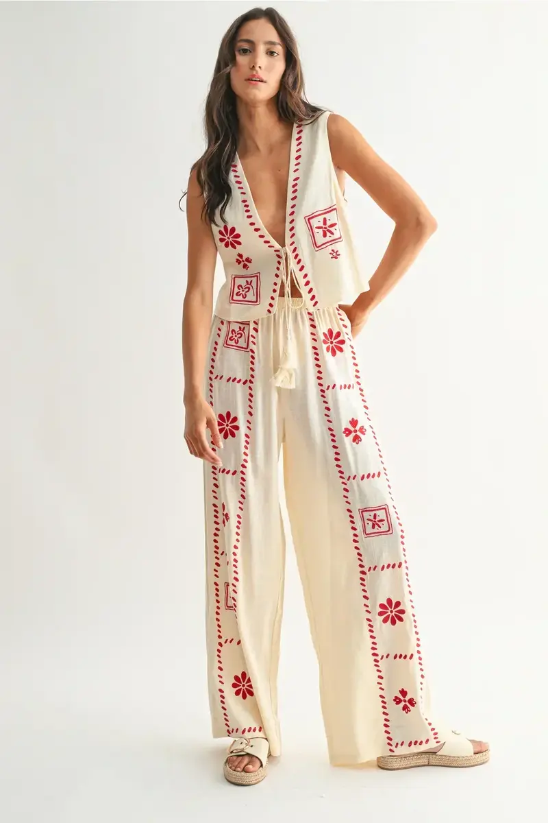 Damen Leinen Set Mit Stickerei Und Weiter Hose