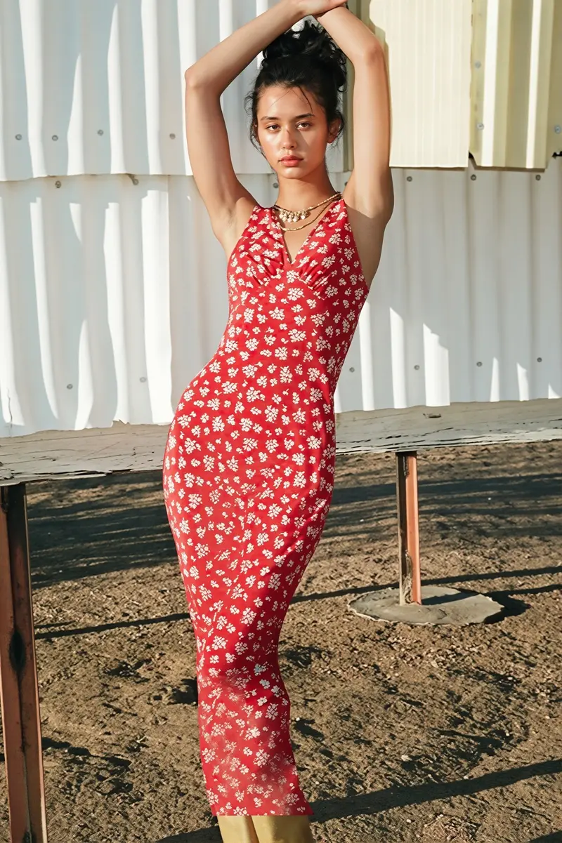 Damen Maxikleid Mit Blumenprint Und V Ausschnitt
