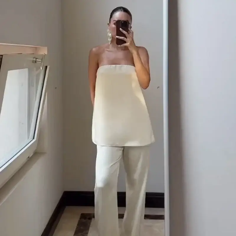 Damen Satin Zweiteiler Trägerloses Tube-Top Hochtaillierte Hose