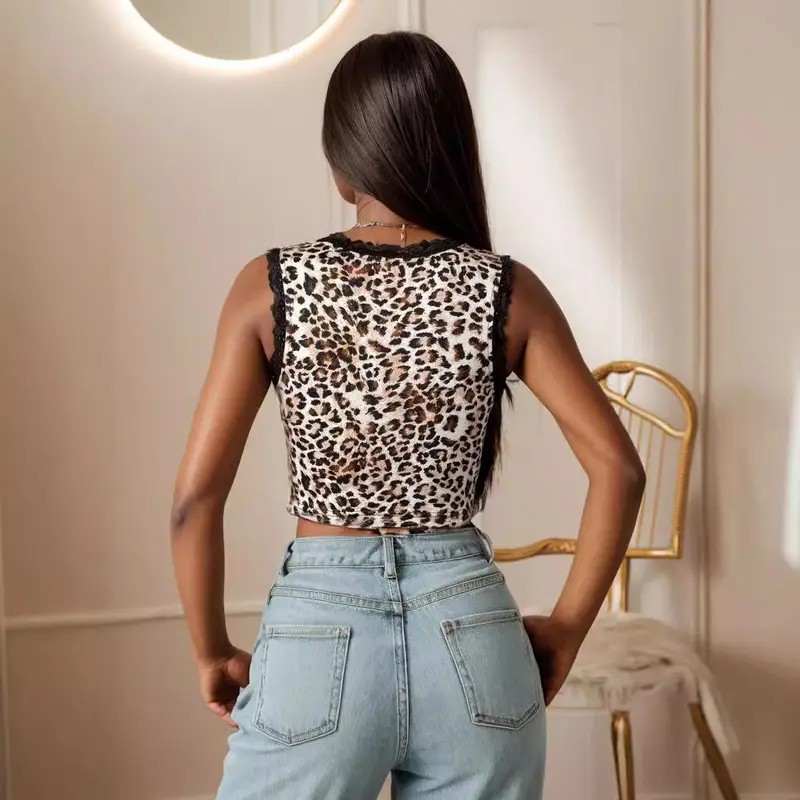 Damen Sexy Animal-Print Oberteil mit Spitzenakzenten und Schleifenbindung Drune