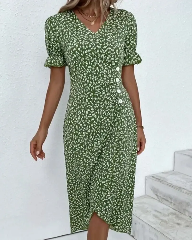 Damen Sommer V-Ausschnitt Blumig Midikleid
