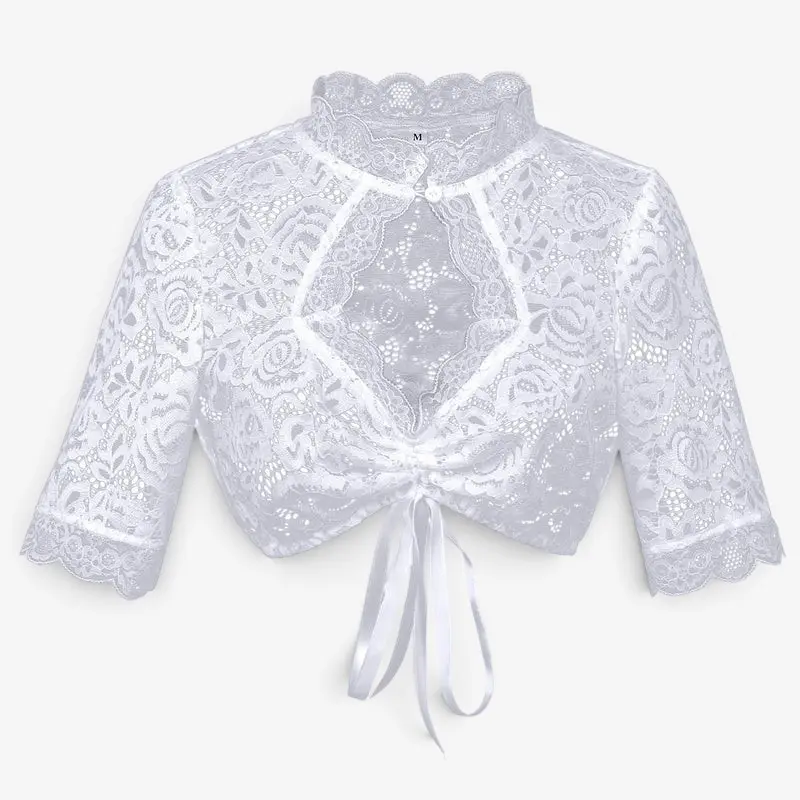 Damen Spitzenbolero Bluse mit Stehkragen