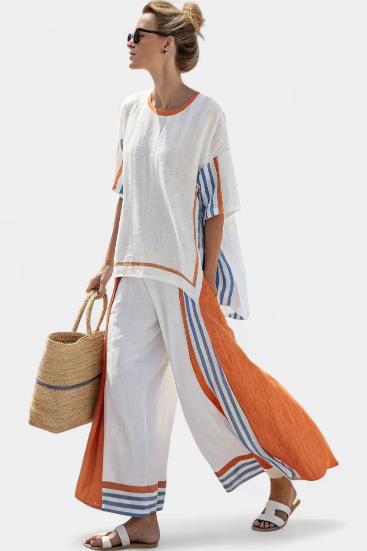 Damen Streifen Jogger Sommer Leinen Set