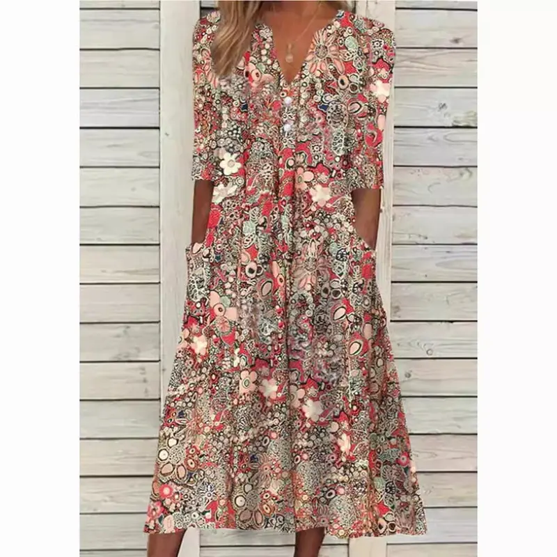 Damen V-Ausschnitt Blumig Sommer Midikleid
