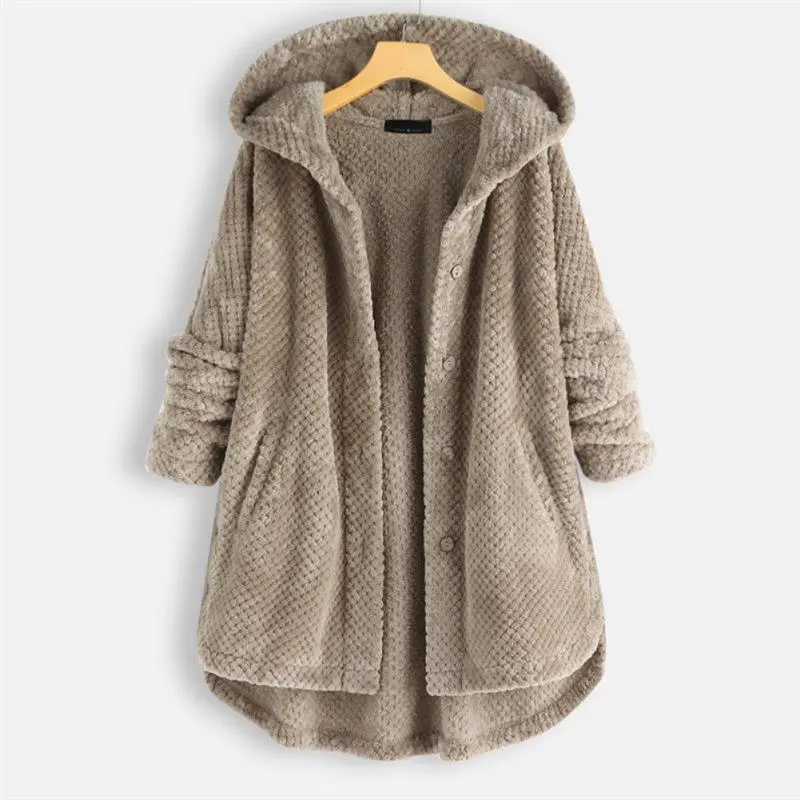 Dames hooded cardigan – lang vest met knopen en zachte structuur
