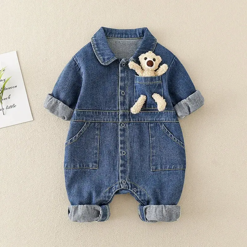 Denim tuinbroek voor baby's – verstelbare bandjes en rits aan de voorkant