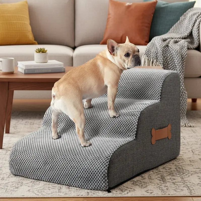 Dog Stairs – Soft pineapple velvet with non-slip surface, available in 2- or 3-step designs for beds or sofas