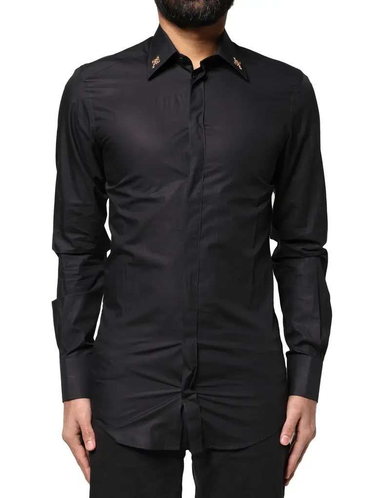Dolce & Gabbana Black GOLD Cross Embellished Men Dress Shirt
