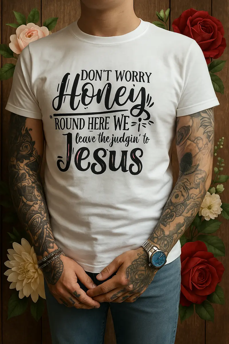 “Don’t Worry Honey, We Leave the Judgin’ to Jesus” – Wit T-shirt