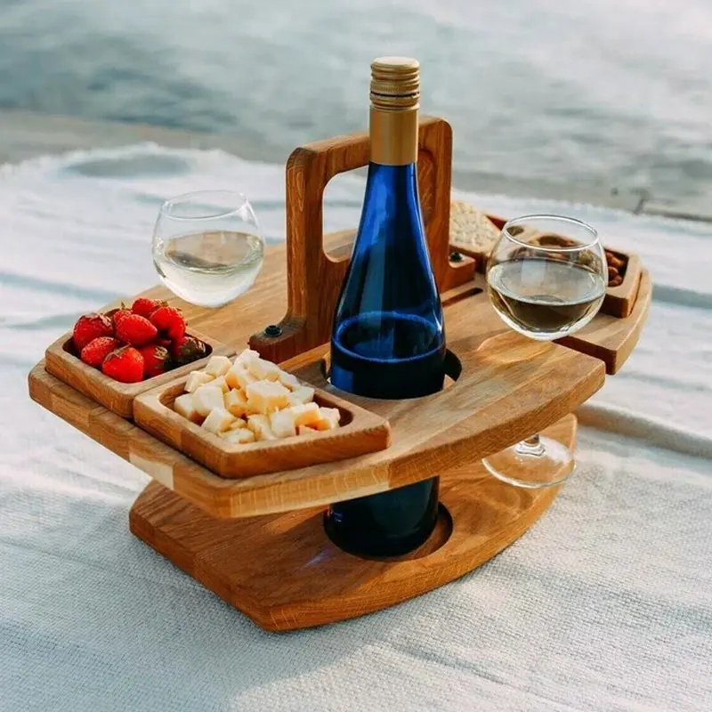 DoubleDeck Table - Draagbare Wijn- en Snacktafel – Houten Outdoor Tafel voor Borrelen in de Tuin en Picknick