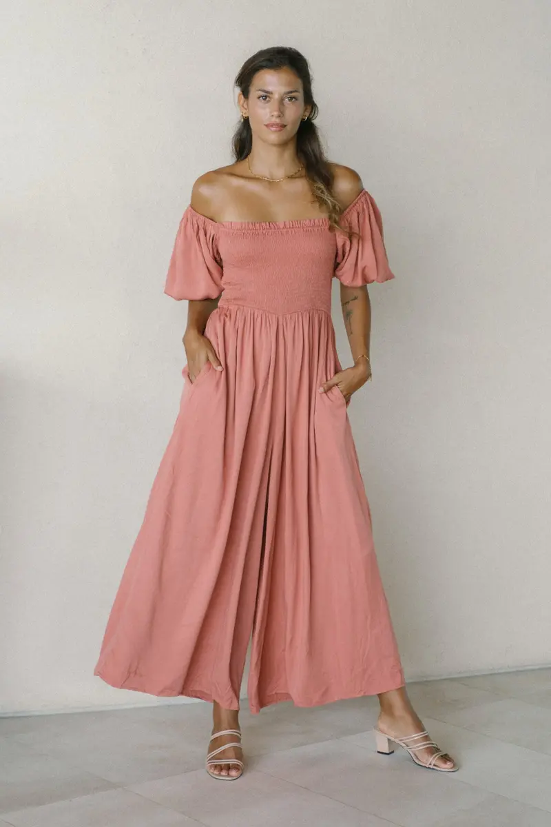Elegante Jumpsuit met Pofmouwen in Terracotta