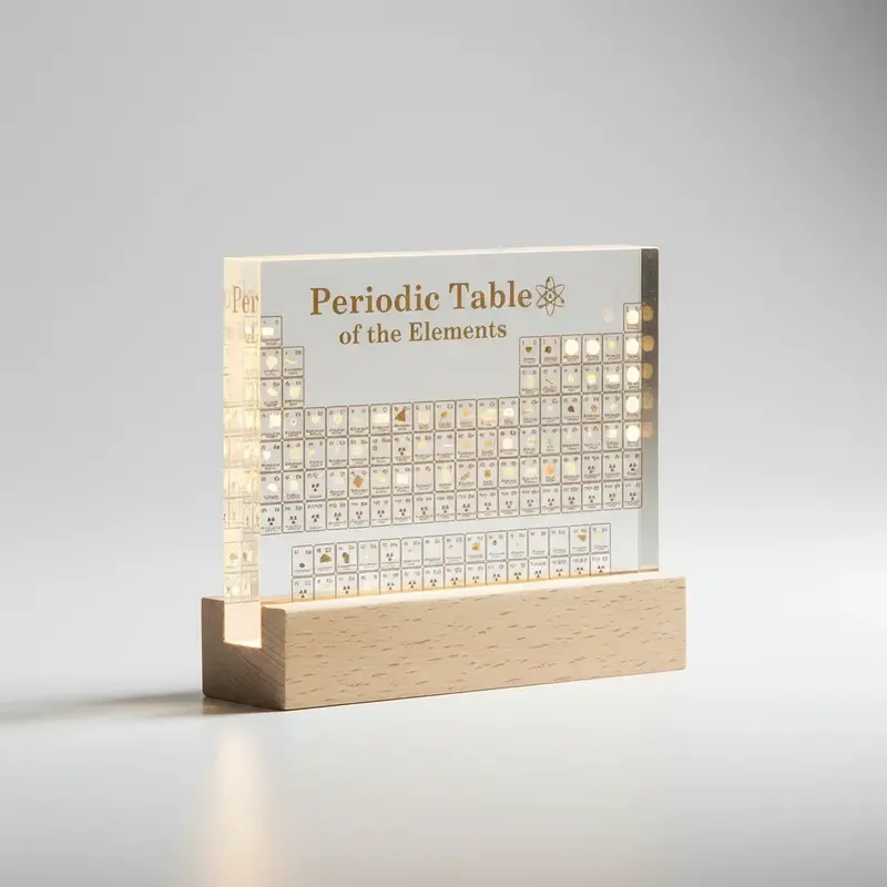 Elementenblok van helder acryl – 83 ingesloten monsters op een houten voet