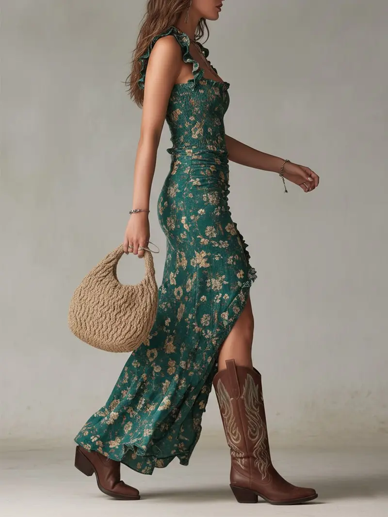 Elisabeth | Damen Boho Blumen Maxi Kleid Ärmellos Seitenschlitz